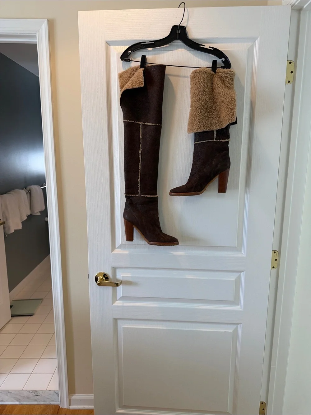 Brown Suede Shearling Knee-High Boots - Brand Unspecified from Neiman Marcus